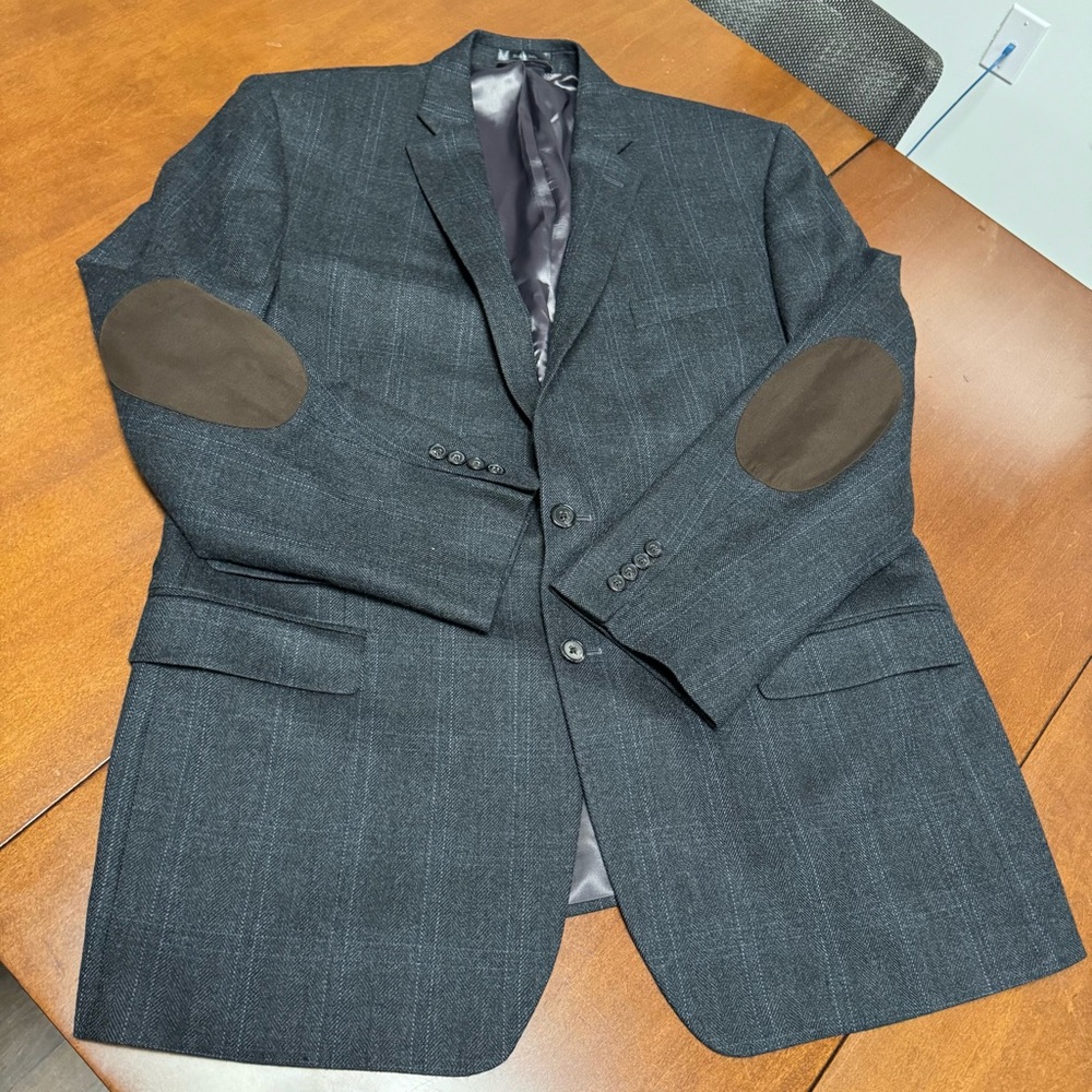 Lauren Ralph Lauren Charcoal Gray Blue‎ Plaid Wool Blazer Elbow Patch size 46 L